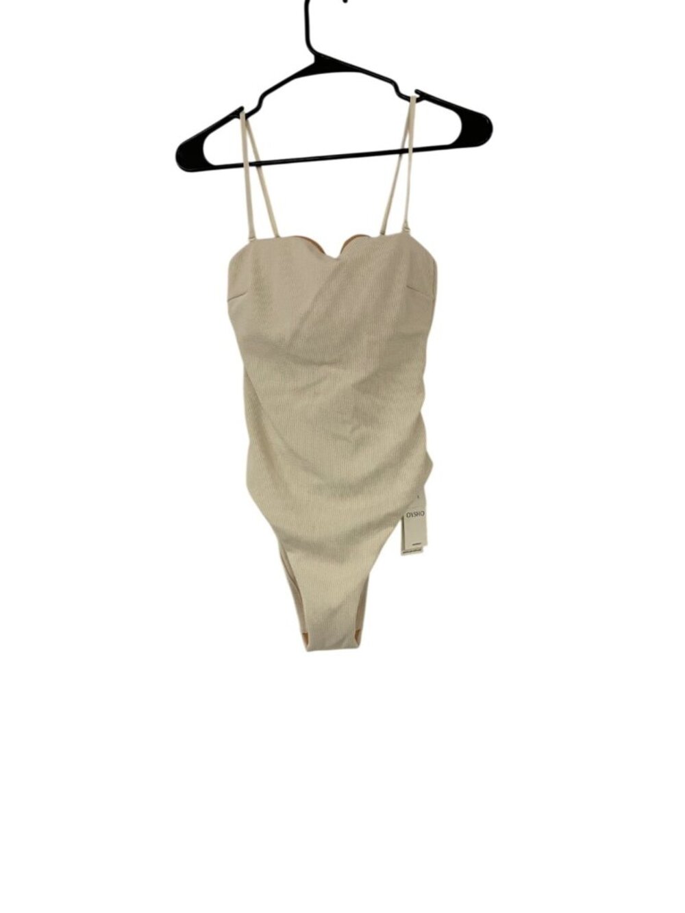 Oysho Womens Swimsuit Large Cream Brazilian High Leg Ribbed Knit 0747/260 NWT